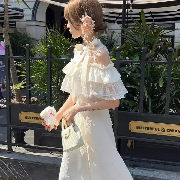 Lace Sweet Cloak Design White Dress Summer New Off Shoulder Bow Short Sleeve Waist Slimming Aline Long Dress for