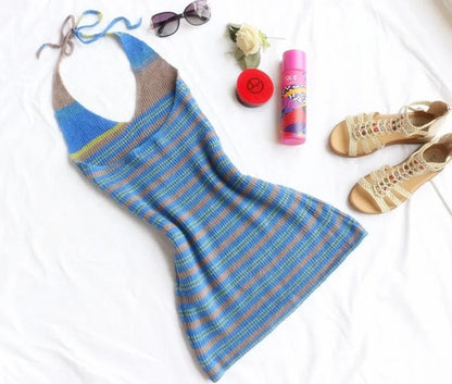 Summer Vneck Striped Halter Knit Beach Dress Backless Stretch French Slim Mini Dress All Match Clothes