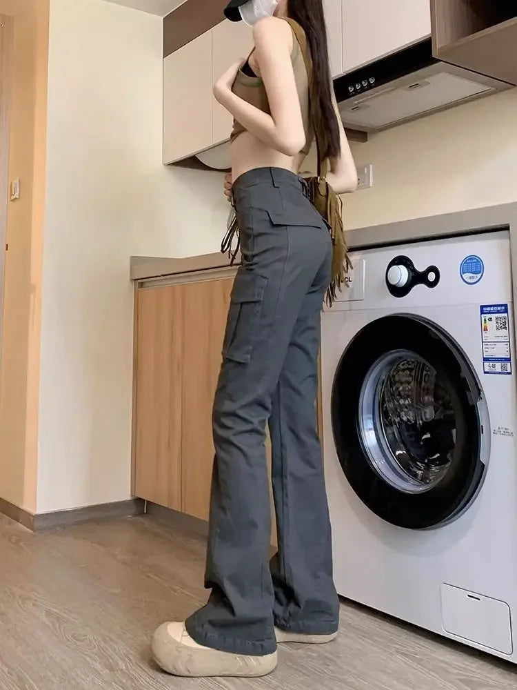 Pants for Autumn New High Waist Retro Spicy Girl Flare Pants Y2k Elastic Jeans Gray Wide Leg Pants