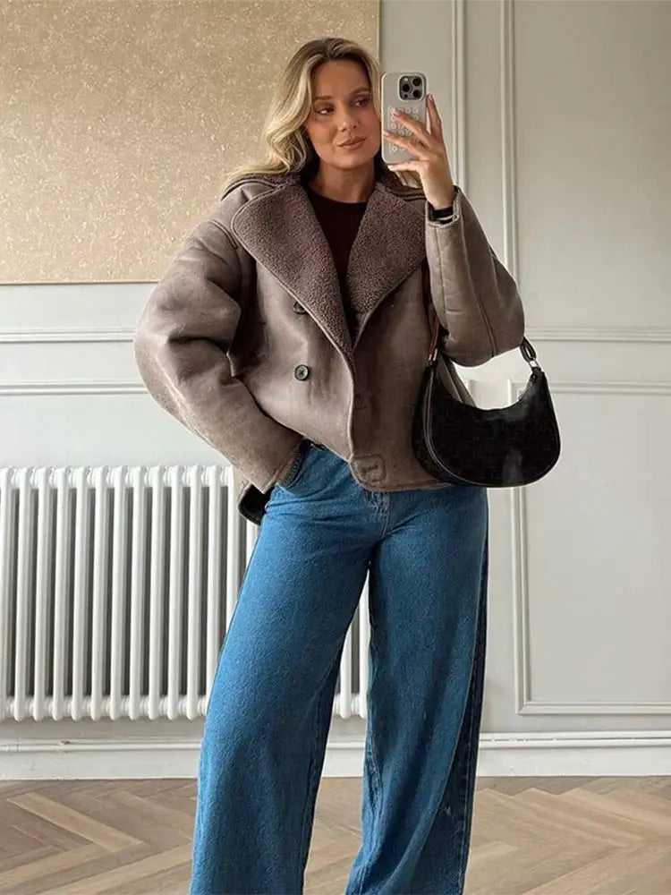 Lapel Lamb Wool Splicing Suede Jacket Single Breasted Long Sleeve Thicken Warm Coat Lady