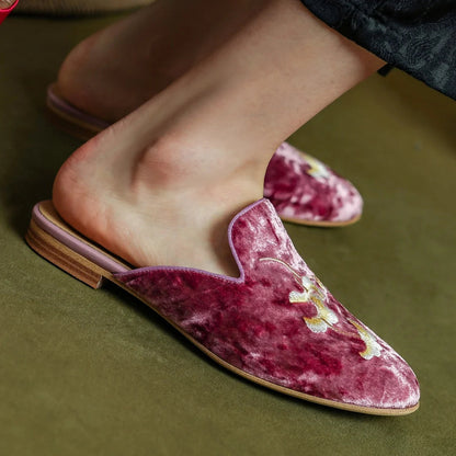 Embroidery Velvet Slipon Flats Summer Mules Round Toe Pigskin Inside Sheepskin Insole Female Sandals Shoes Woman