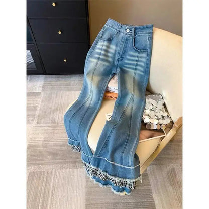 Minimally Designed Micro Flared Jeans Autumn Spring Niche Plaid Splicing Slim Versatile Long Pants