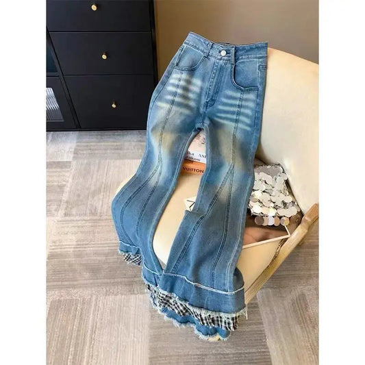 Minimally Designed Micro Flared Jeans Autumn Spring Niche Plaid Splicing Slim Versatile Long Pants
