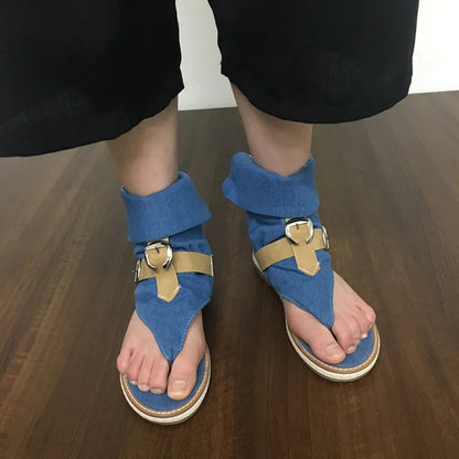 Blue Shoes Buckle Gladiator Sandals Summer Jeans Boots Booties Sandalias Size 43