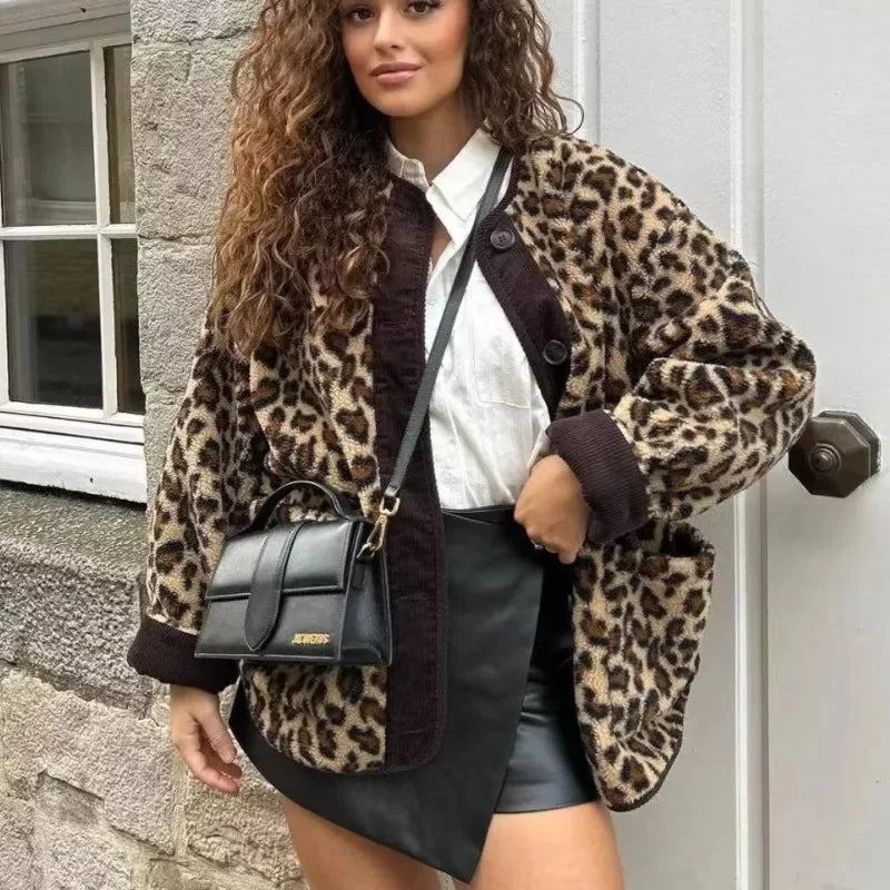 Leopard Print Single Breasted Jacket O Neck Long Sleeves Pocket Coat New Lady Warm Outerwear