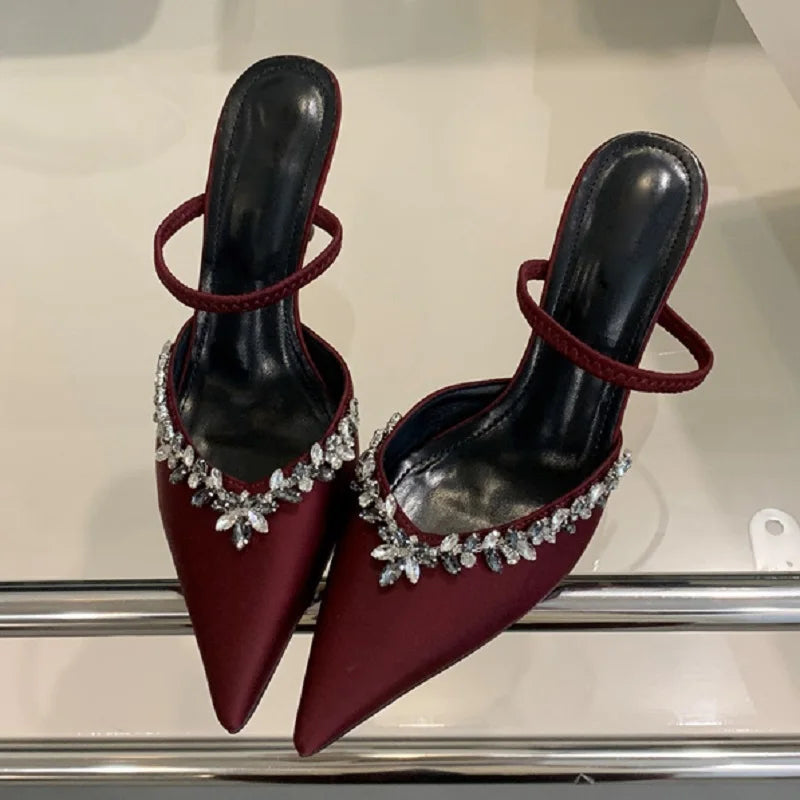 Spring Summer Pointed Toe Slippers Crystal Thin Heels Party Dress Mule Shoes