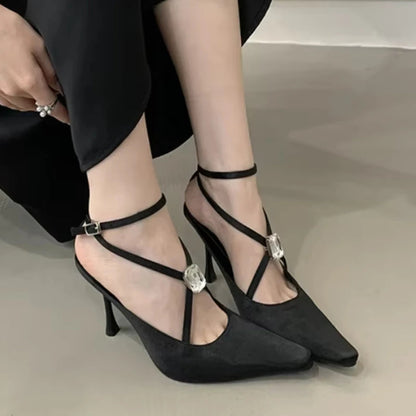 Diamond Silk Thin High Heels Crossstrap Banquet Dress Shoes Female Crystal Brand Pointed Toe Sandals