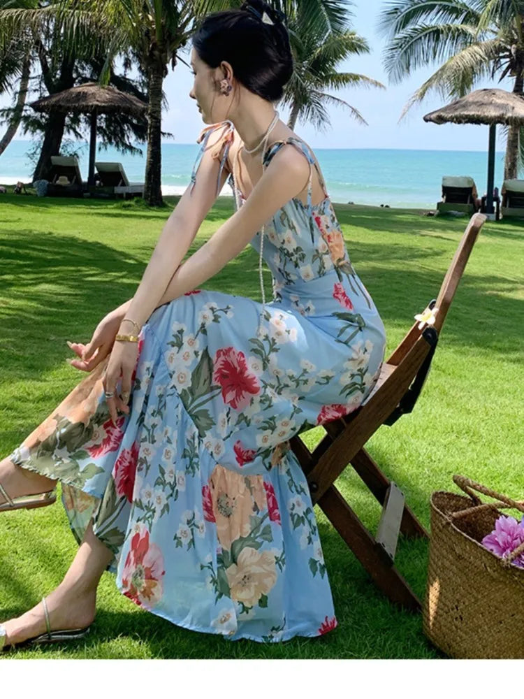 French Style Print Dresses Spaghetti Strap Bodycon Party Long Dress Summer Holiday Beach Vestidos Robe New