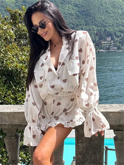 Autumn 2 Piece-set Shorts for Printed Pocket Shirts and High Waist Slim Shorts Sets Female Contrast Outfits