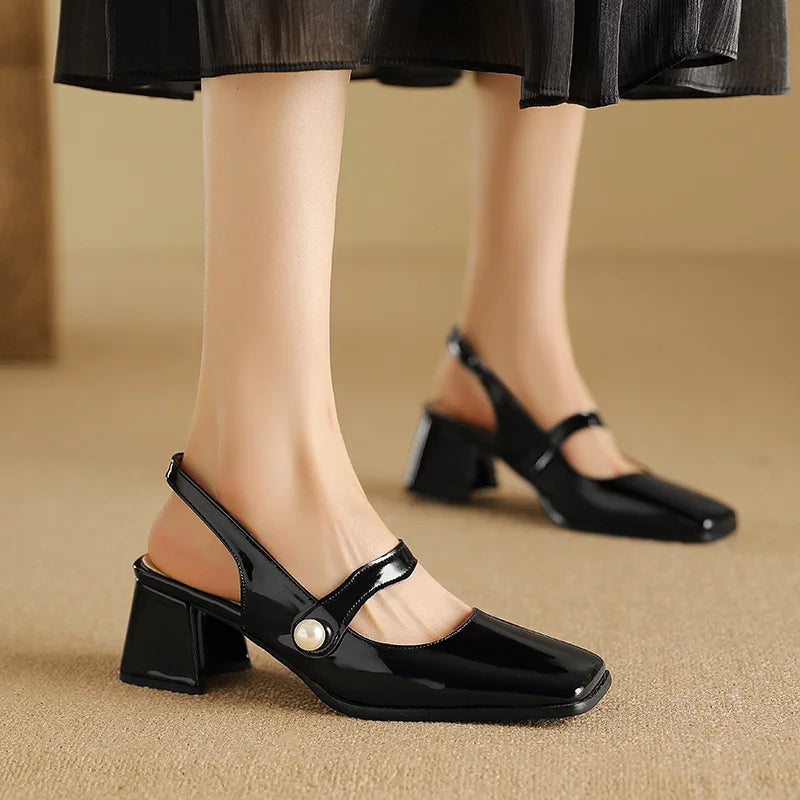 Pumps Slingback Sandals Square Toe Patent Leather Block High Heeled Mary Jane Shoes Gold Silver
