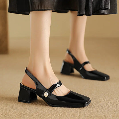 Pumps Slingback Sandals Square Toe Patent Leather Block High Heeled Mary Jane Shoes Gold Silver