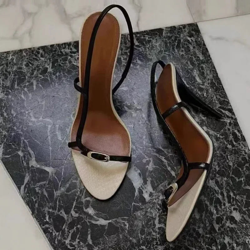 Designer Buckle Open Toe Slip on Back Strap Sandals Summer Black White High Heels Wedding Prom Shoes Zapatos Mujer
