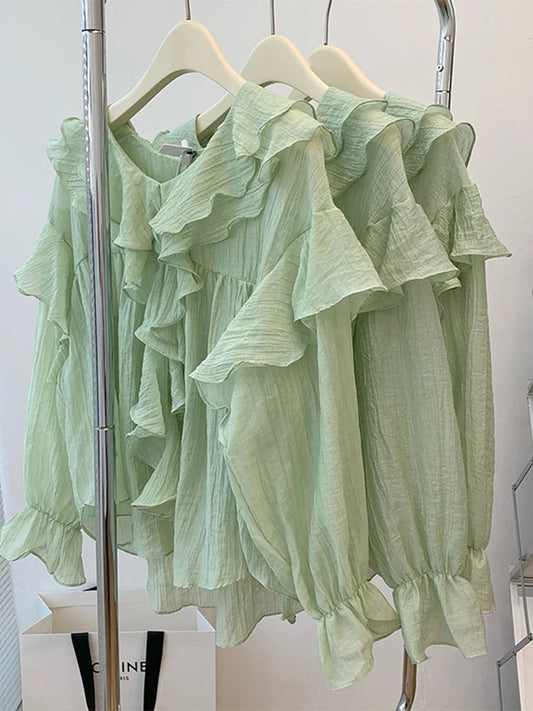 New Autumn Winter Crewneck Ruffle Pleated Puff Long Sleeve Design Blouses Oversize Patchwork Chiffon Overshirt