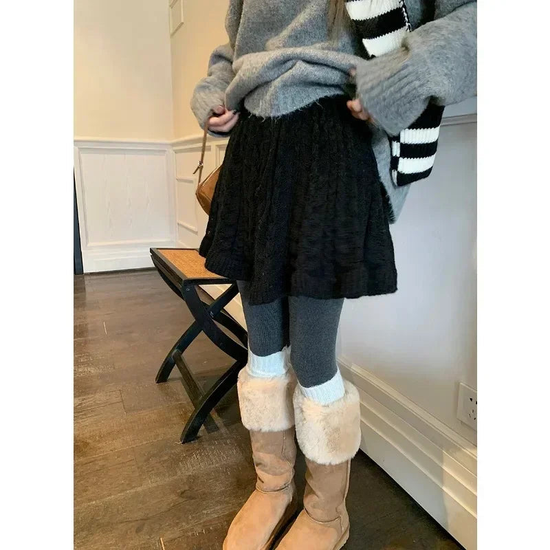 High Waist Lace Up Aline Skirt Spring New Korean Seethrough Hollow Color Knitted Mini Skirt