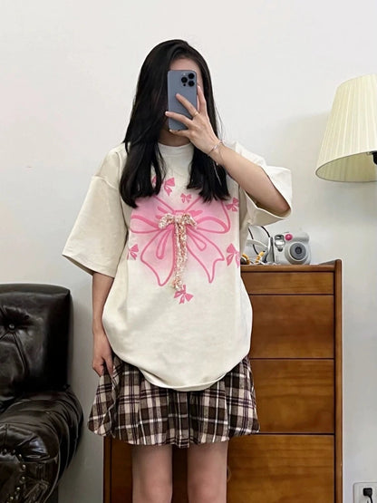 Kawaii Sweet Tshirts Retro Short Sleeve Y2k Blouse Tees Female Design Loose Shirts Japanese Style Summer