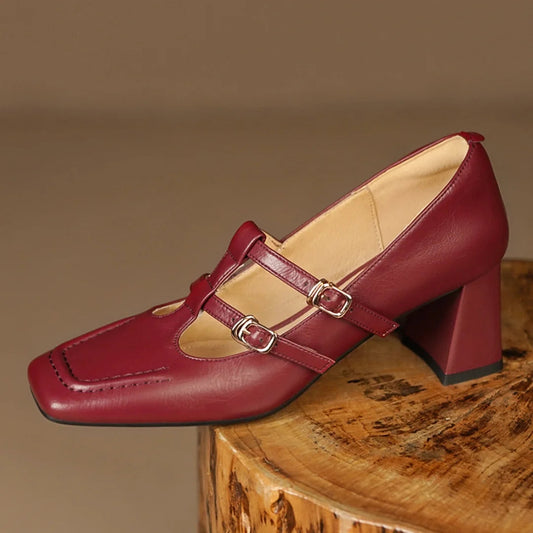 Genuine Leather Double Metal Buckle Tstrap Slipon Pumps 7cm Thick Med Heel Ol Style Daily Heeled Shoes