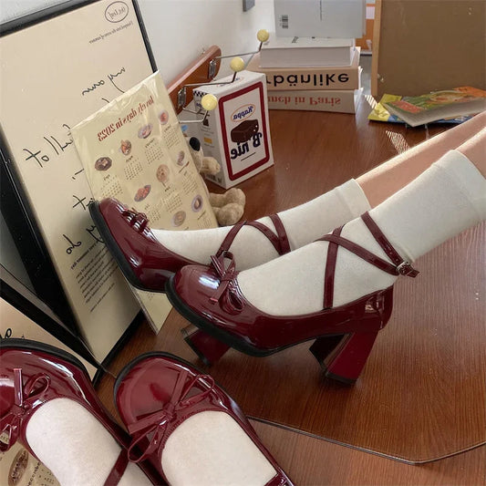 Red Mary Jane Pumps Thick High Heels Shoes Female Lolita Square Toe Shoes Spring Party Leather Woman Shoes New