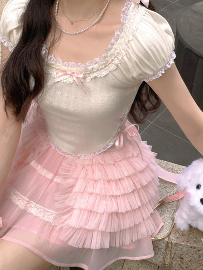Sweet Lace Shirts Korean Pure Color Kawaii Blouse Female Summer Short Sleeve Crop Top Slim T2255