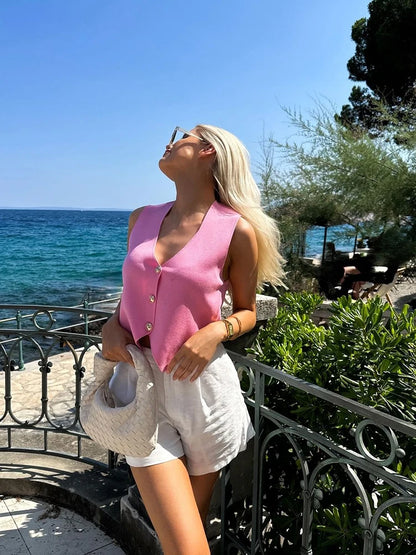 Knit Short Vest for V Neck Single Breasted Sleeveless Waistcoat Pink Top Female New Lady Classic