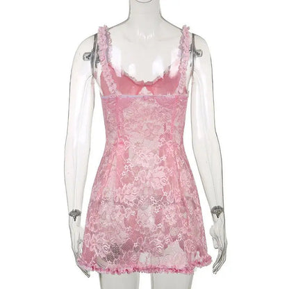 Pink Bow Lace Mini Dresses Sweet Seethrough Mesh Sleeveless Ruffles Short Dress Fairy Camisole Kawaii Dress