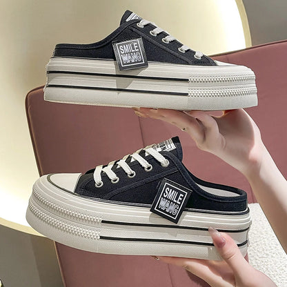 Canvas Platform Wedge Thick Slippers Lace Up Chunky Sneaker Comfy High Brand Breathable Summer Heightening Shoes
