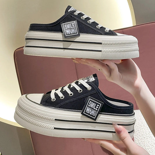 Canvas Platform Wedge Thick Slippers Lace Up Chunky Sneaker Comfy High Brand Breathable Summer Heightening Shoes