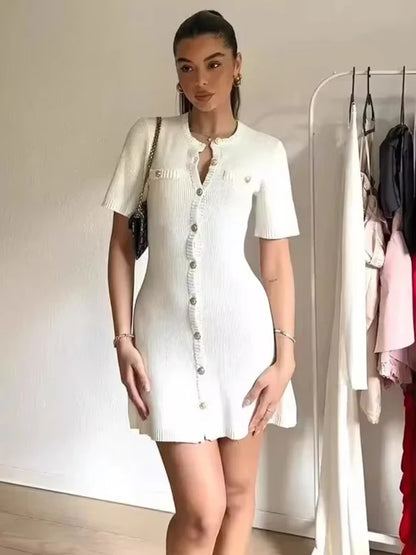 White Knitted Mini Dress for Metal Button Slim Rib Sweater Dress Holiday Party Outfits Autumn New