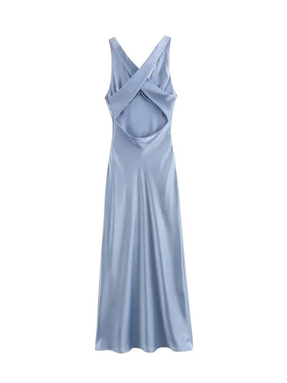 Vneck Party Long Dress Satin Sleeveless Slim Fit Dresses Zipper Female Backless Maxi Dress