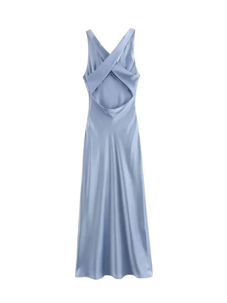 Vneck Party Long Dress Satin Sleeveless Slim Fit Dresses Zipper Female Backless Maxi Dress