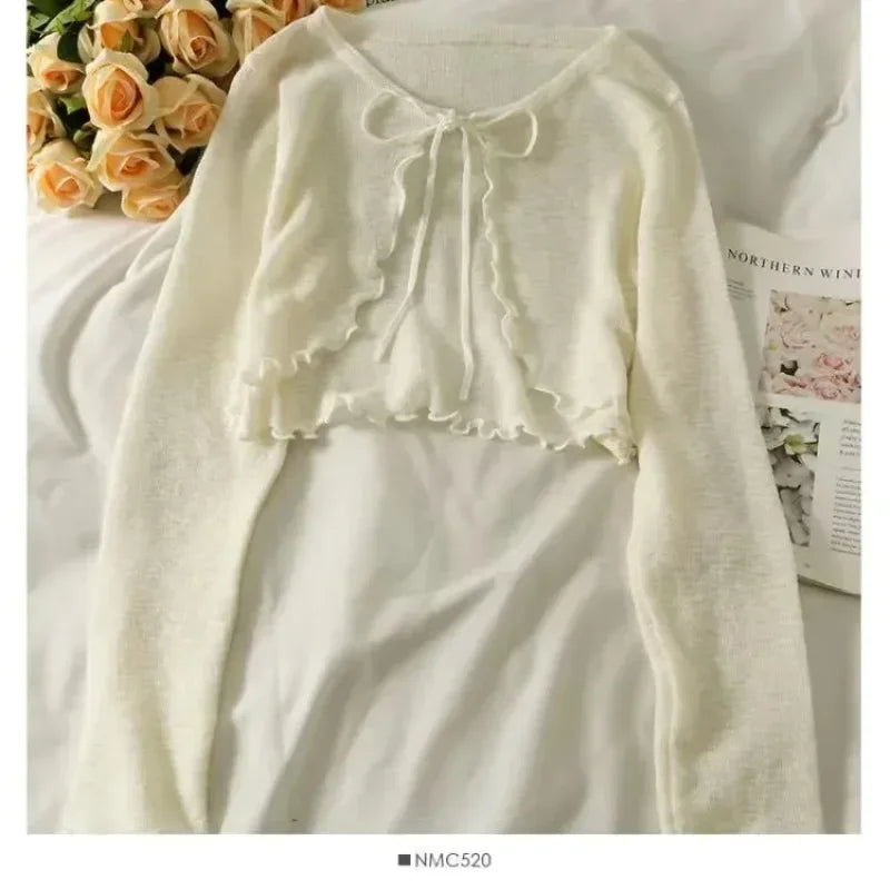 Female Summer Thin Sweater Shirts Lady Full Sleeve Laced Knitted Cardigan Outwear for Woman