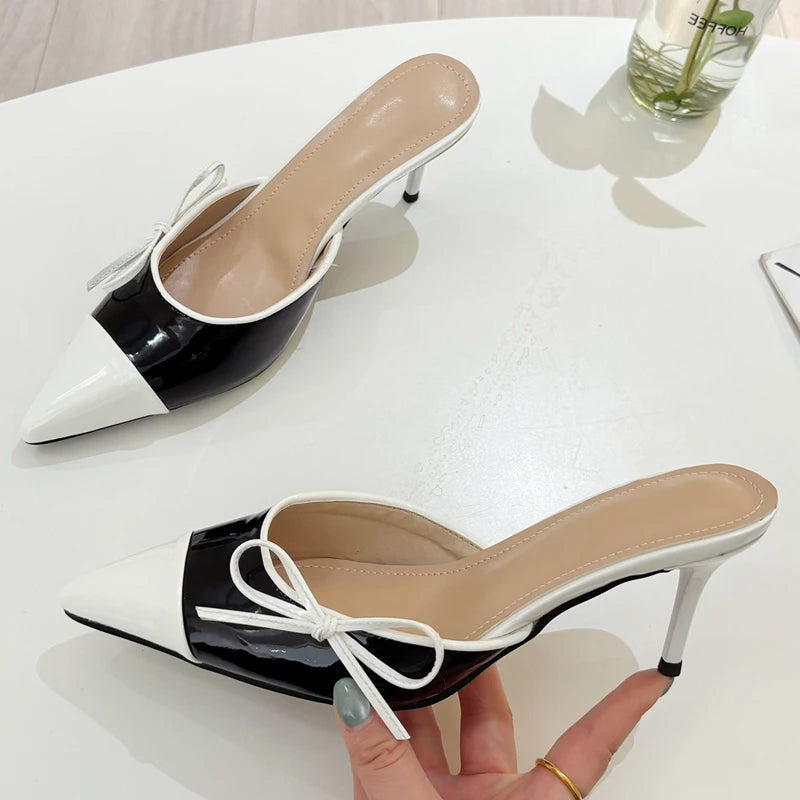 Butterflyknot Pointed Toe Mule Slippers Thin Heels Party Dress Female Shoes