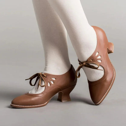 Retro Mary Jane Pumps Woman Lace Up Low Heel Dress Zapatos Brand Design Butterfly Wing Derby Shoes 43