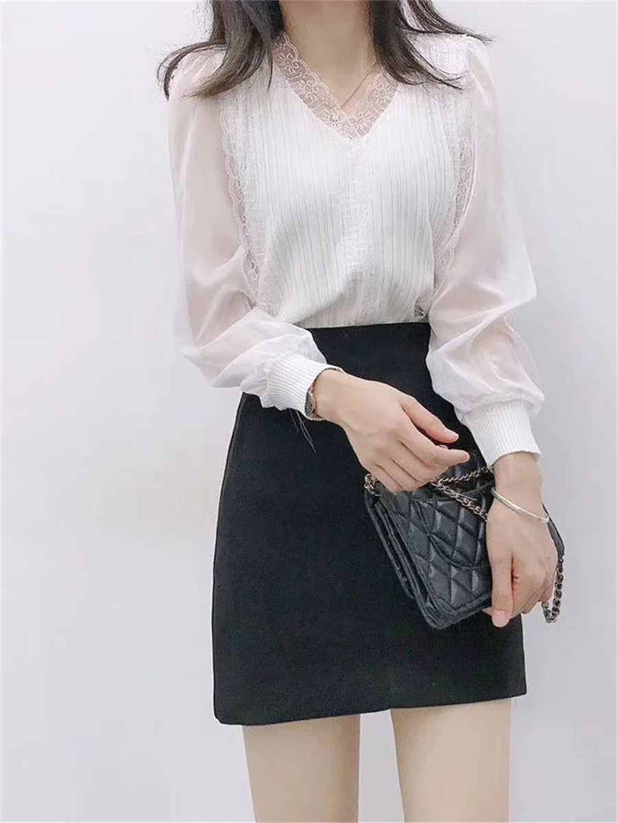 Spring Autumn Style Blouses Tops Lady Long Sleeve V-neck Lace Blusas Tops Df4452