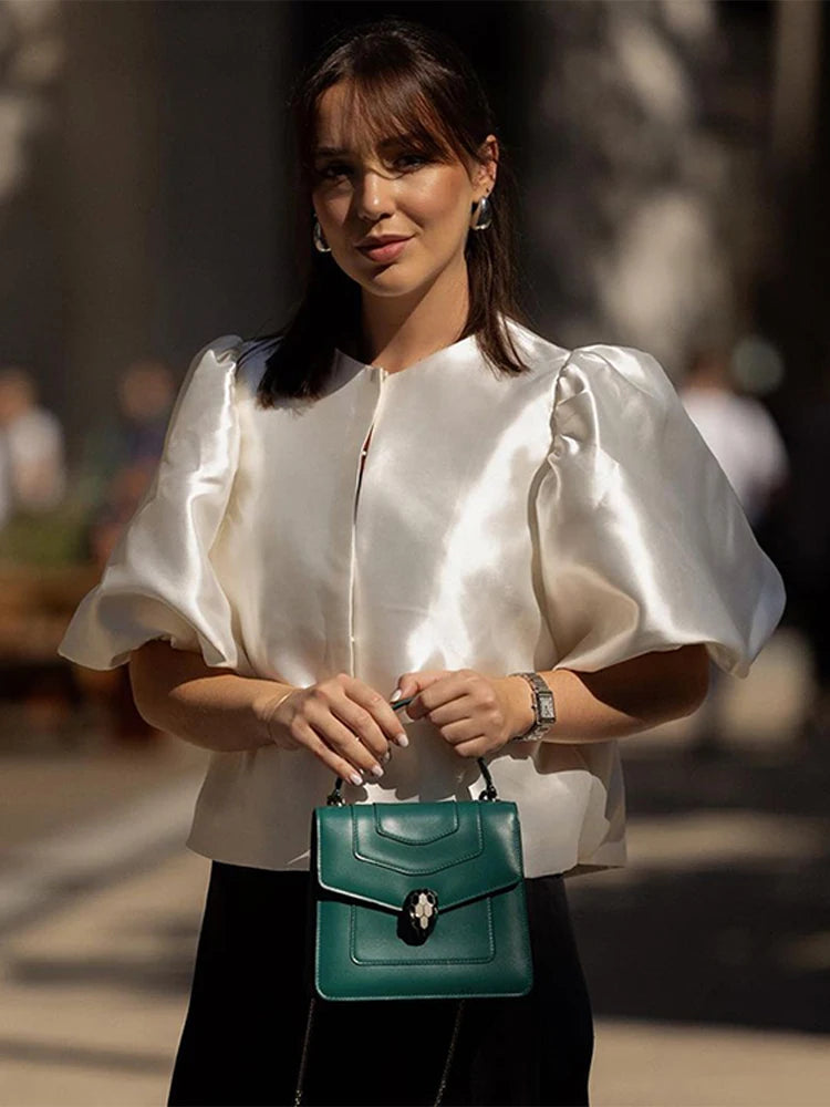 Stain Puff Sleeve Blouses Loose O-neck Single Breasted Shirts Female Summer Street Tops