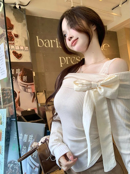 Knitted Sweater Sweet Bow Off Shoulder Slash Neck Patchwork Autumn Winter Pullover Basic Crop Tops