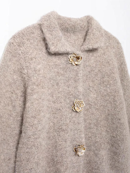 3d Flower Button Cardigan Thick Plush Lapel Single Breasted Sweater Coats Female Autumn Versatile Knitwear