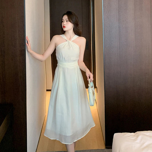 Beige Chiffon Dress Female Summer Slim Slim Thin Temperament French Senior Sense of Beach Hanging Neck Long Dress