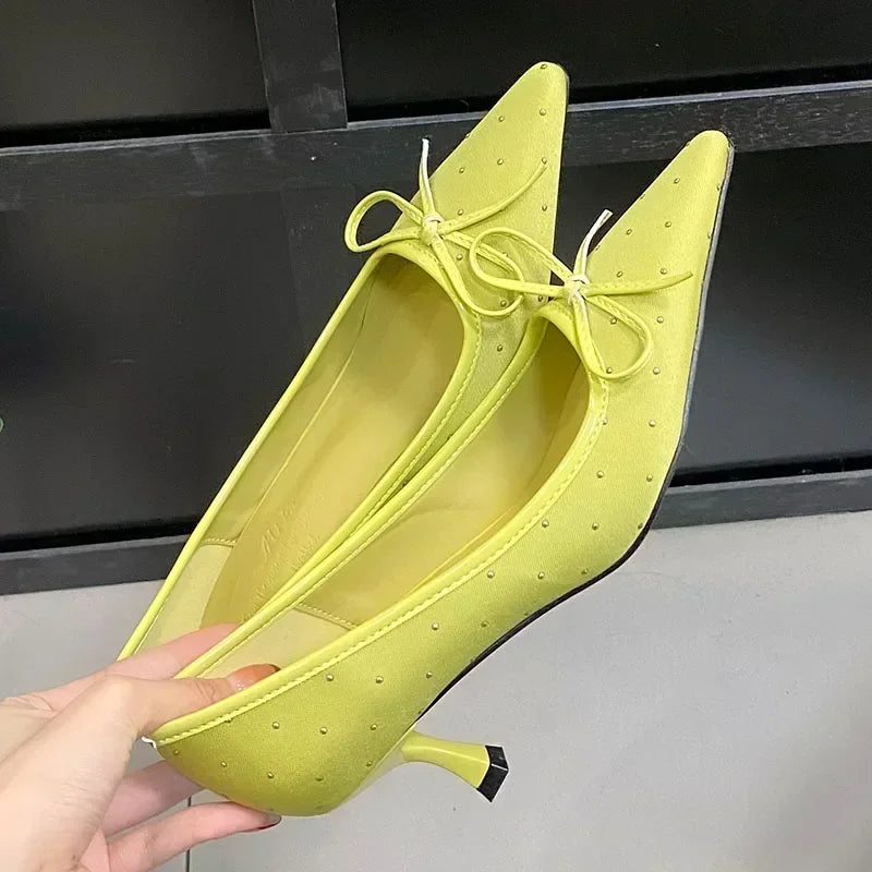 Rhinestone Bow Decoration Pumps Pointed Toe Satin Thin High Heels Banquet Shoes Mules Loafers