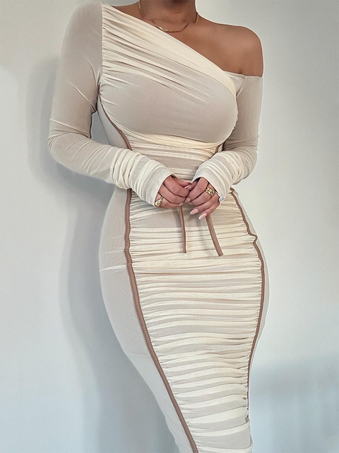 Diagonal Collar Long Sleeve Midi Dress for Two Layer Mesh Backless Ruched Bodycon Club Party Long Dress