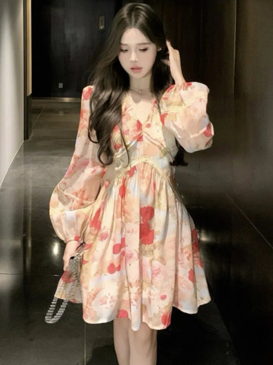 French Printed Mini Dress Autumn Vneck Lantern Sleeve Party Dress Lace Slim Waist Aline Vestidos Largos