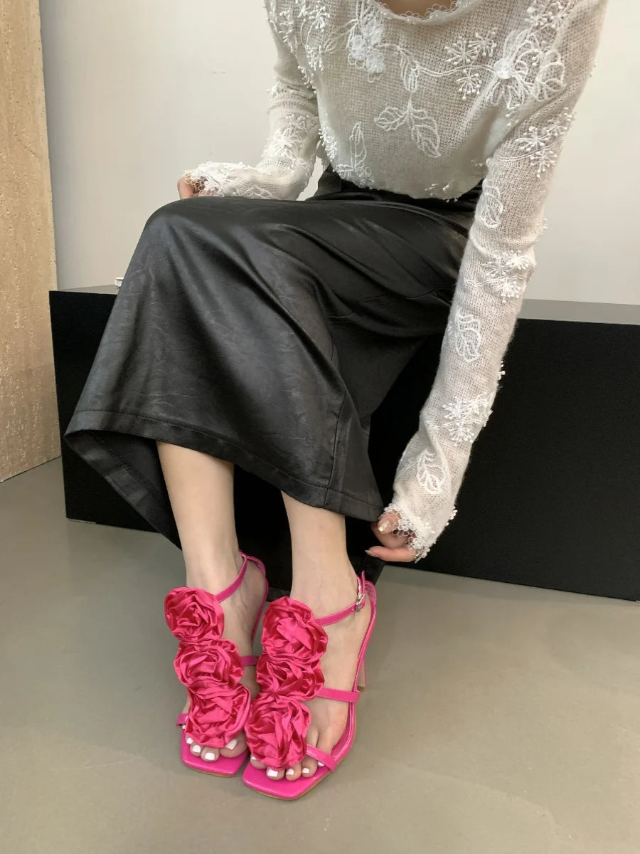 Flower Heeled Sandal Silk Rose Flower Opentoe Stiletto Shoes Roman Sandals 3540 Sizes High Heels