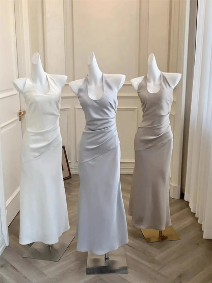 Slim Fit Long Dresses White Cambridge Blue Evening Dresses Spring Neckmounted Backless Mermaid Vestidos