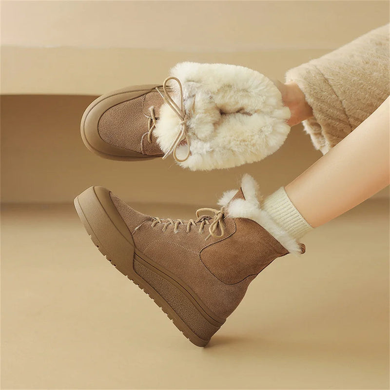 Wool Snow Boots Flats With Platforms Crosstied Ankle Boots Round Toe Fur Short Winter Warm Boots Shoes