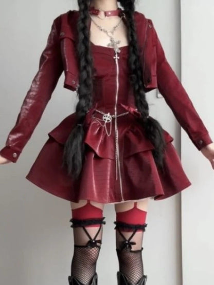 Sweet Hoodie Long Sleeve Coat + Y2k Slim Waist Halter Ruched Vest Dresses Autumn New Two Piece Sets