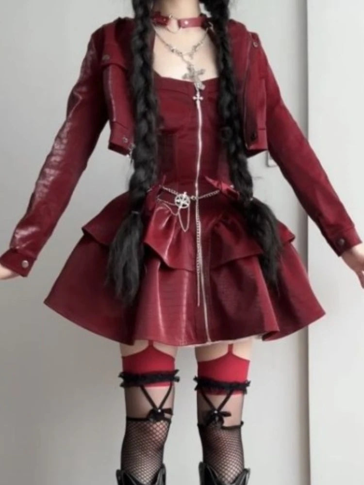 Sweet Hoodie Long Sleeve Coat + Y2k Slim Waist Halter Ruched Vest Dresses Autumn New Two Piece Sets
