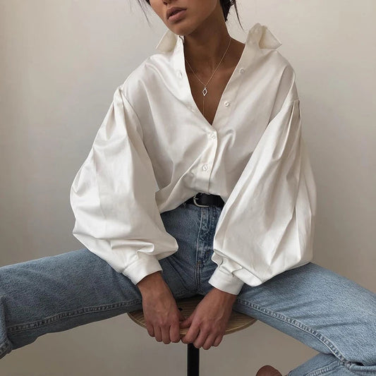 Autumn Lantern Long Sleeve Blouse Shirt Basic Top Turn Down Collar Office Lady White Shirt Tops Blusas