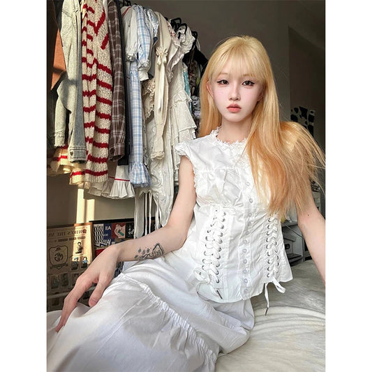 Y2k Cropped White Shirts Japanese Kawaii Bandage Blouses Summer Harajuku Aesthetic Single Breasted Slim Design Tops
