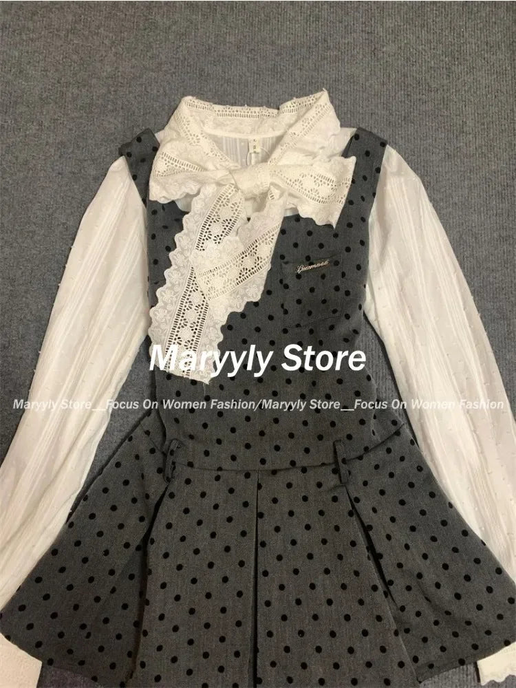 Korean Preppy Style Dress Set Bow Lace Shirt Tops + Polka Dot Mini Dress Commuter 2 Piece Set New