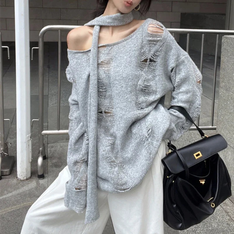 High Street Gray Hollow Hole Long Sleeve Sweater Autumn New Korean Strapless Laceup Loose Knitted Tops