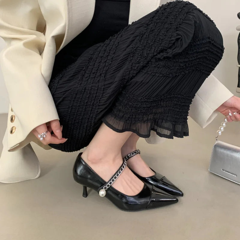 Pointed Toe Thin High Heel Shoes Summer Design Buckle Metal Decoration Banquet Mary Jane Shoes
